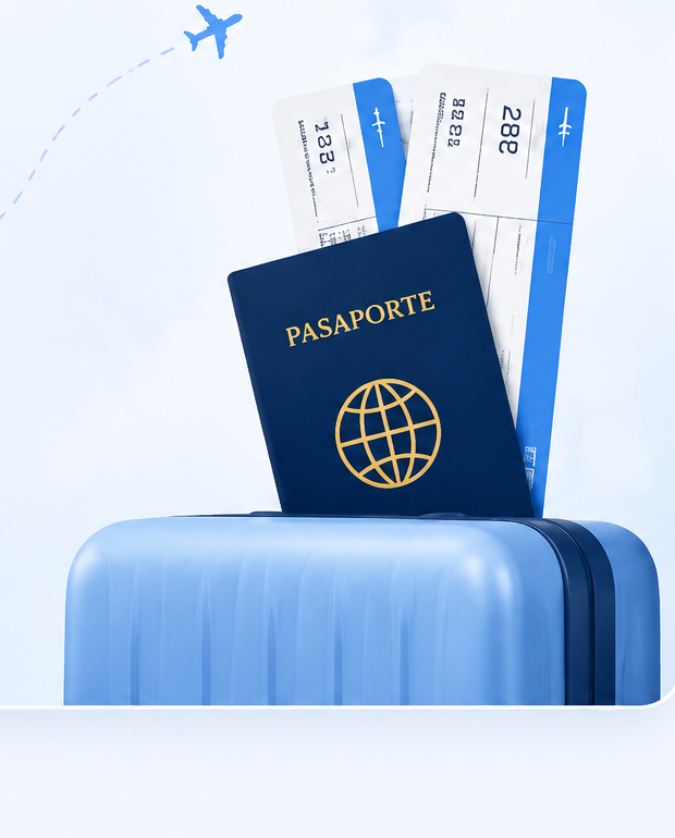 Pasaporte, tickets y maleta Mirel Trámites